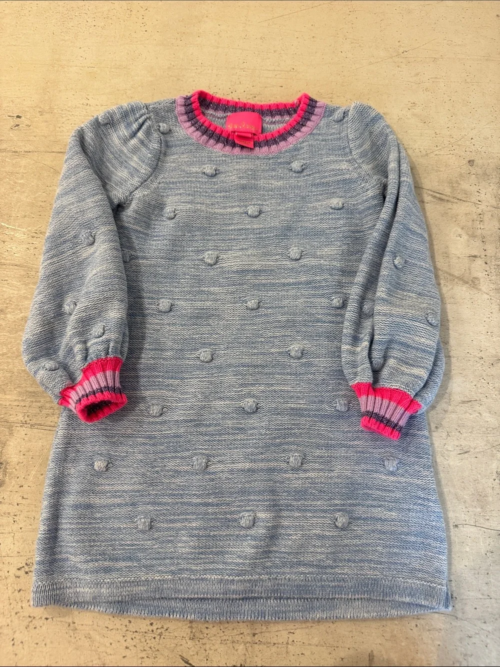 Lilly Pulitzer Light Blue Knit Pom-Pom Sweater Dress with Pink Trim